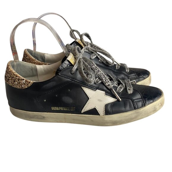 Golden Goose Super Star Size 39 Black Gold Leather Sneaker Shoes 8 Glitter - Picture 1 of 14